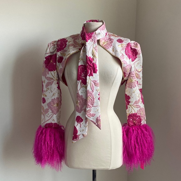 Jackets & Blazers - Custom Floral Pink Bolero with Mongolian Fur Cuffs Womens Sz Small Metallic